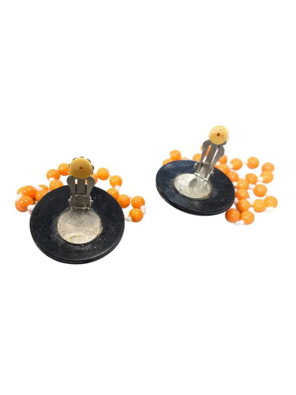 Vintage 80's wms orange black beaded fringe large clip on earrings SKU 10-727